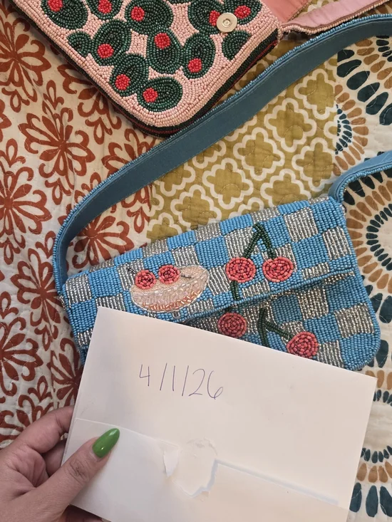 Anthropologie Blue Beaded Cherry Appliqué Shoulder Bag - Picture 6 of 6